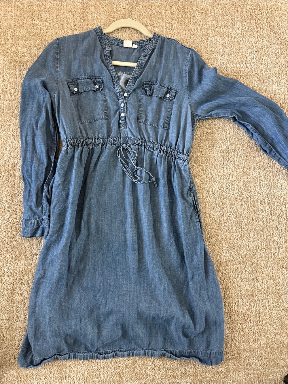Maternity Denim-Style Blue Drawstring Waist Dress